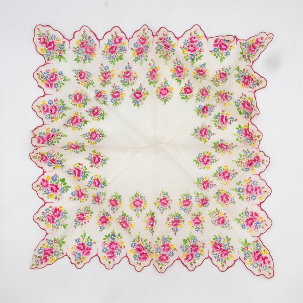 Vintage Retro Handkerchief Cottagecore Pink Roses Shabby Chic Scalloped Edge